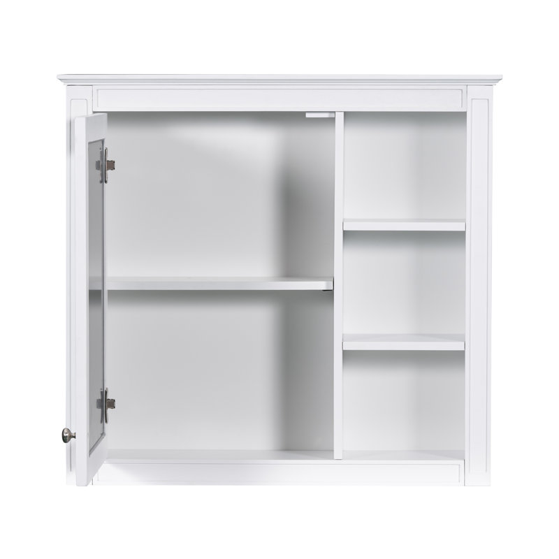 Armoire à pharmacie murale 30 po x 28 po, armoire de rangement murale moderne avec porte miroir et 3 tablettes ouvertes, organisateur de salle de bain en bois massif et panneau de fibres à densité moyenne, à l'exception du meuble-lavabo de salle de bain, armoire de rangement murale peinte en blanc