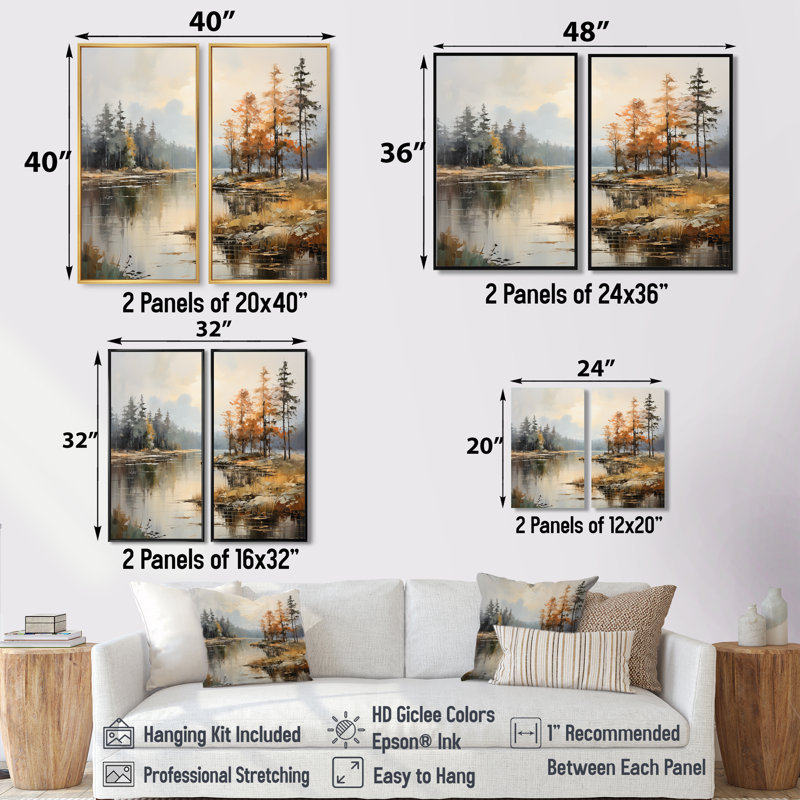 Art mural sur toile Lakeside Fall Foliage Serenity II, H 36 po x l 48 po, Impression encadrée flottante sans passe-partout
