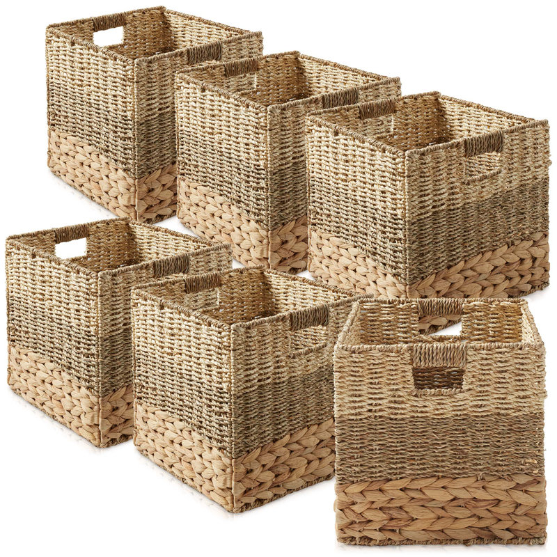 12" Mixed Weave Hyacinth Seagrass Storage Basket Cubes, Natural - Set of 6, 114.12 Quart
