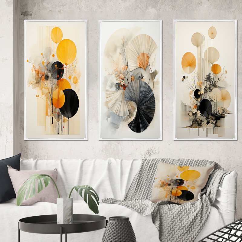 «Asian Art Seashell Sumi», 3 pièces sur toile, Cadre blanc, H 40 po x l 60 po