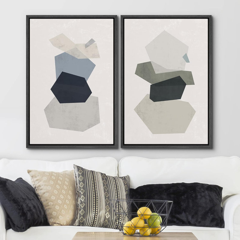 Mid-Century, formes géométriques pastel bleues et vertes, formes abstraites modernes sur toile, 2 pièces, Cadre flottant noir