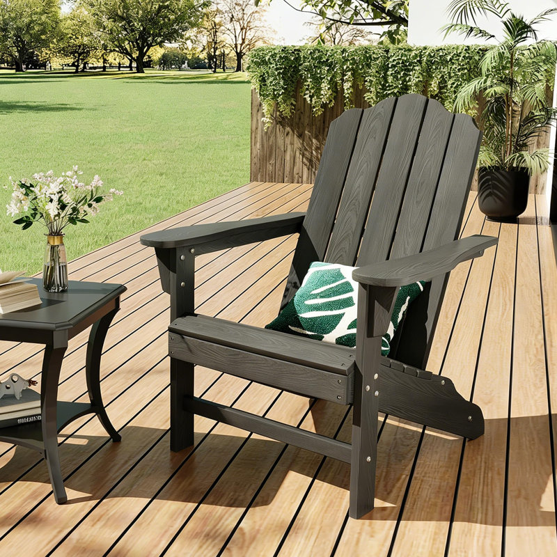 Adirondack Chair for Patio, HDPE Outdoor Lawn Chair with Wood Texture for Garden Backyard Deck Poolside Use, Black