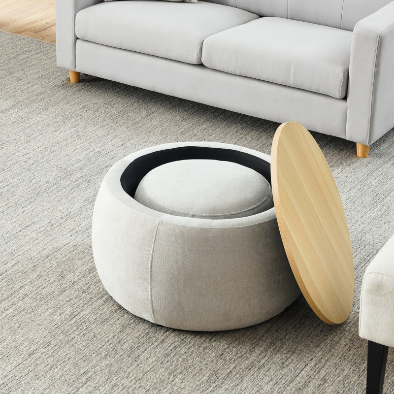 Table de bout, repose-pieds rond avec rangement, Gris clair, Naturel