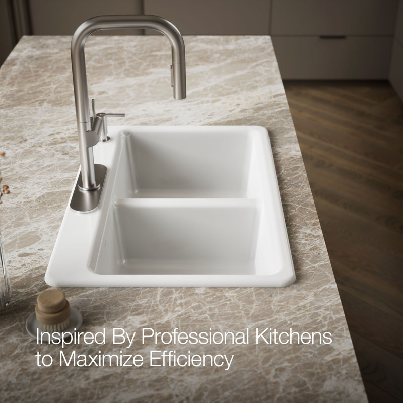 Riverby 33 In. Top-Mount Double-Bowl Kitchen Sink, White, 1 hole, Large/medium bowls