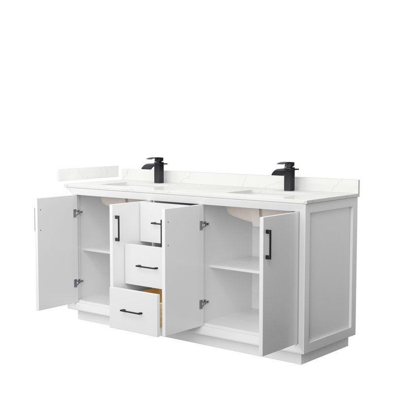 Strada 72'' W Double Vanity, Giotto Quartz, White, Satin Bronze