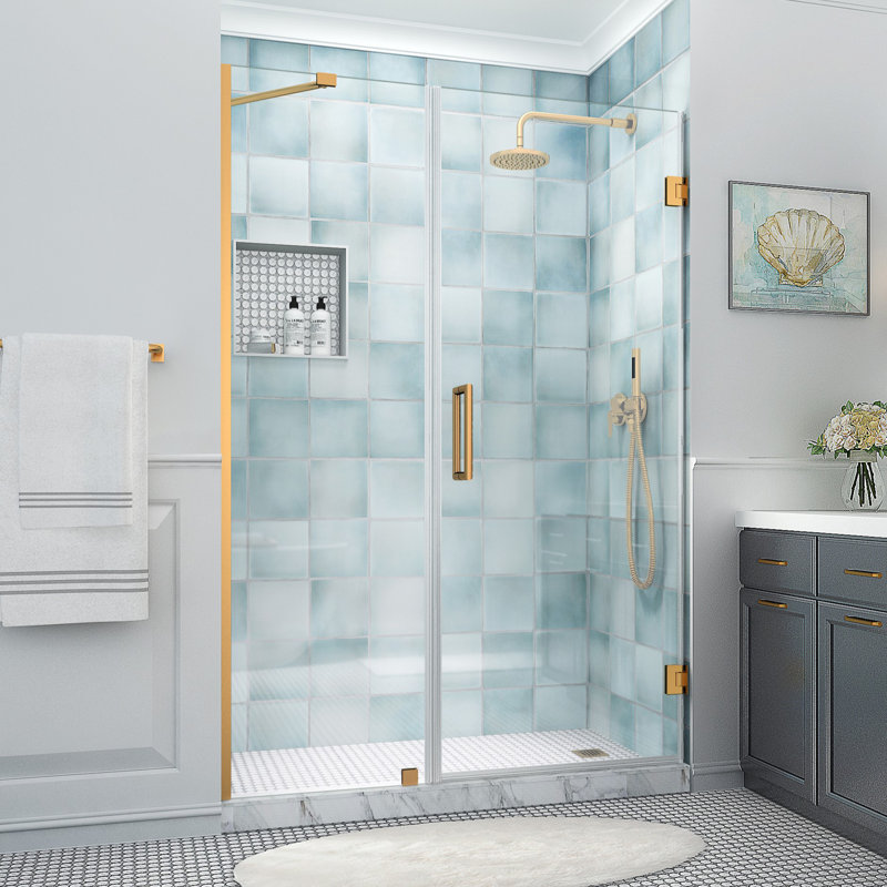 Belmore XL 58.25 - 59.25 in. x 80 in. Frameless Hinged Shower Door with Ultra-Bright Frosted Glass, Brushed Gold, Clear Glass