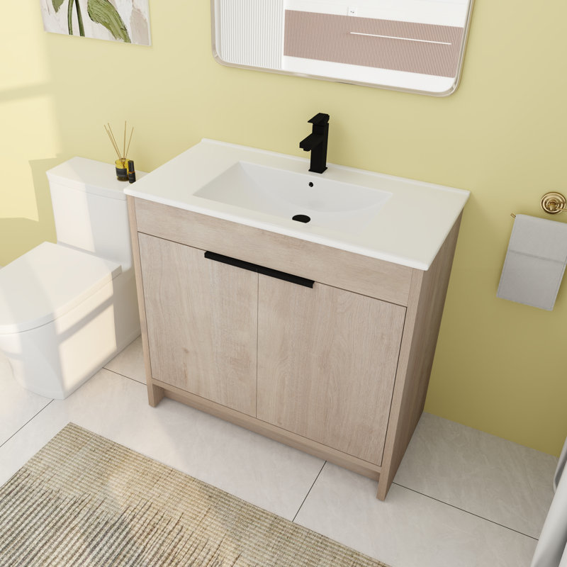Meuble-lavabo simple autoportant de 35,96 po avec plateau en céramique Ergenekon, Blanc