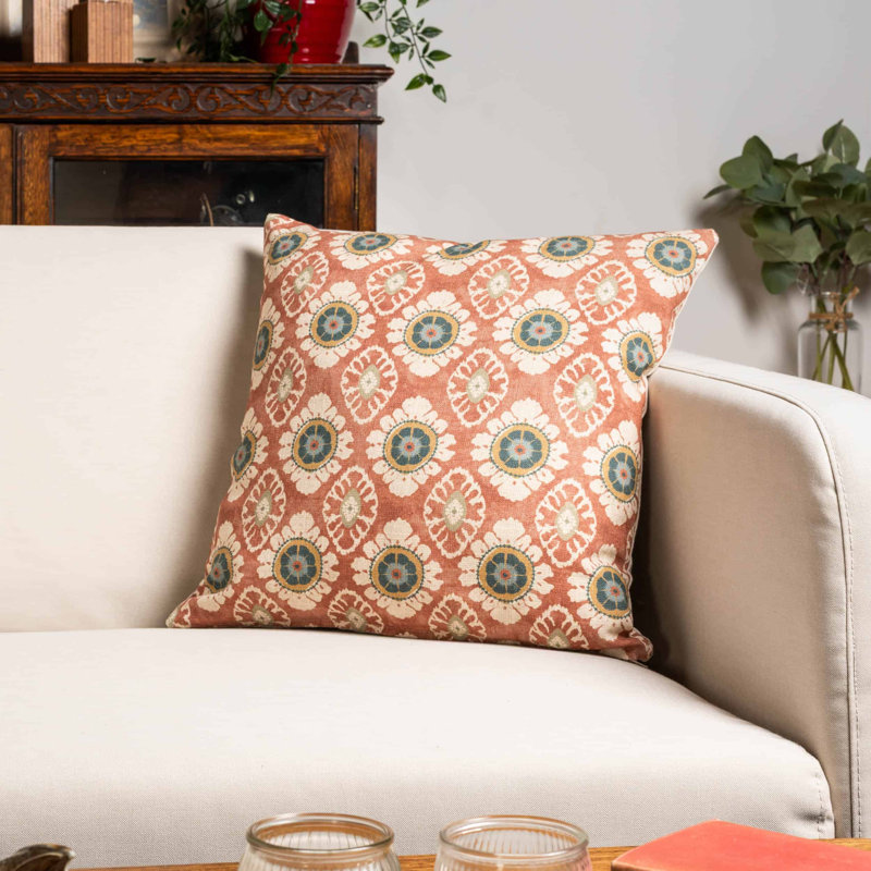 Mandala Motif Linen Print Cushion in Rust, 43x43cm, Feather filled