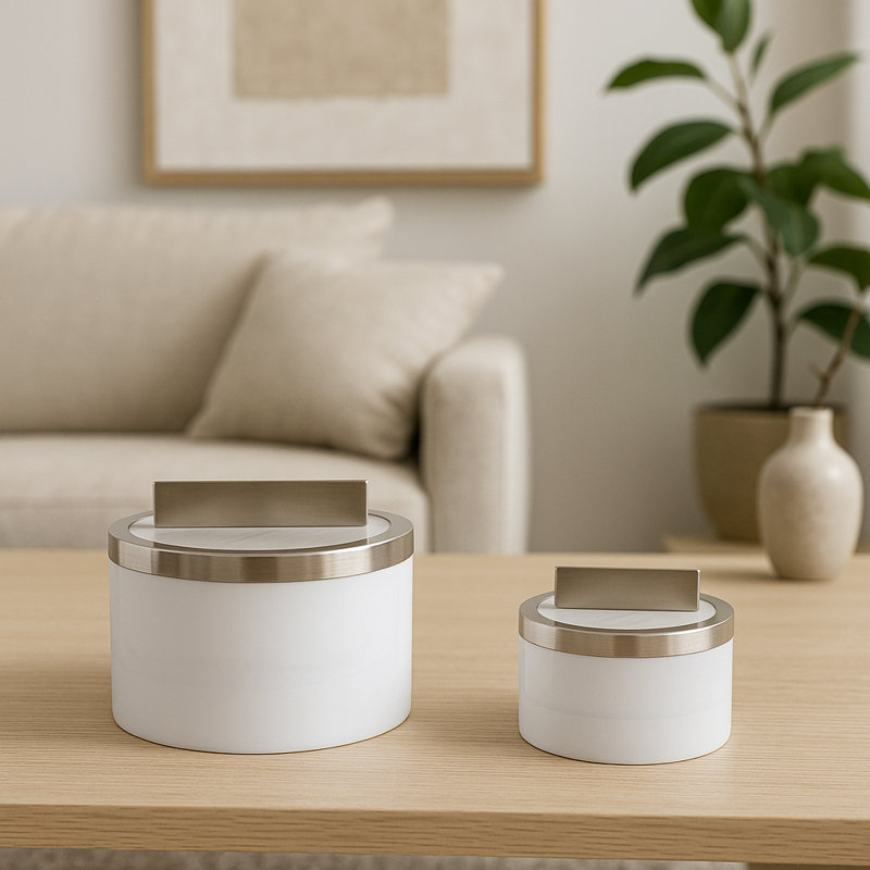 Élégante boîte décorative ronde avec couvercle en métal pour la chambre à coucher - Boîtes de rangement élégantes pour la décoration intérieure - Ensemble de 2, 7 po, 5 po, blanc