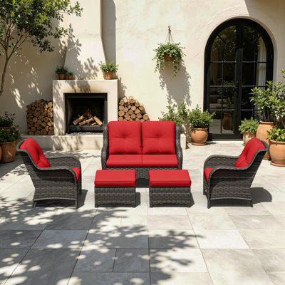 5-Piece All-Weather Wicker Patio Conversation Set With Loveseat, Arm Chairs & Ottomans, Outdoor PE Rattan Furniture With Cushions For Backyard, Porch & Deck