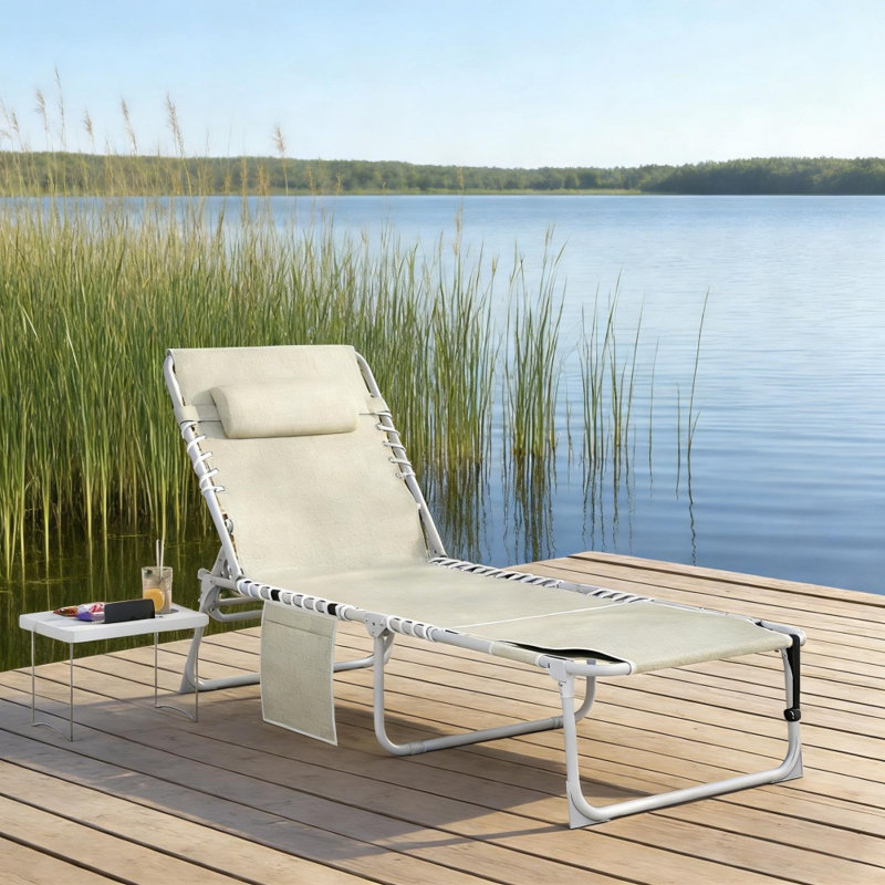 Méridienne pliante avec table d'appoint, 5 positions, trou frontal, filet respirant, capacité de 264 lb, utilisation à la plage