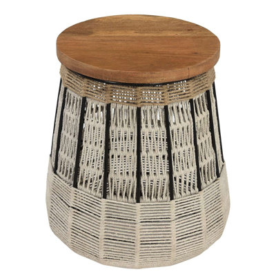 Handcrafted Woven Rope Pedestal Side Table with Solid Wood Top