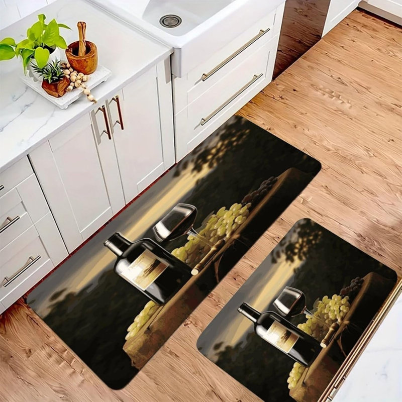 Ensemble de 2 tapis de cuisine à imprimé tonneau de vin pour la cuisine et la cave à vin, brun et beige