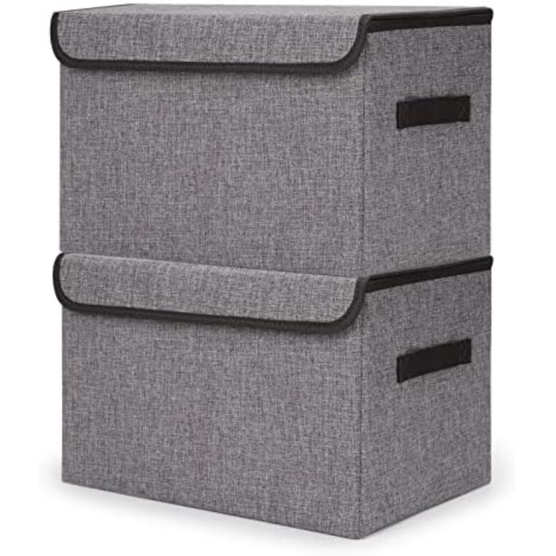 Large 42 Quarts Fabric Storage Bins With Lids [2-Pack] Linen Collapsible Foldable Storage Cubes, Closet Organizer Containers Boxes With Handles For Home Office (16.7 X 12 X 12, Gray)