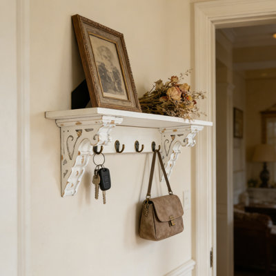 Wall Mounted Coat Rack with Shelves and Key Hooks, Wood Wall Organizer