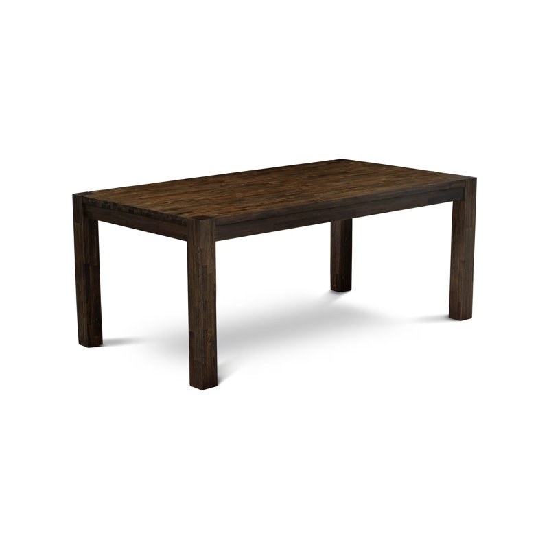 7 Piece Modern Dining Table Set consists of a rectangular rustic wood table and 6 light, sable linen fabric upholstered chairs, Jacobean