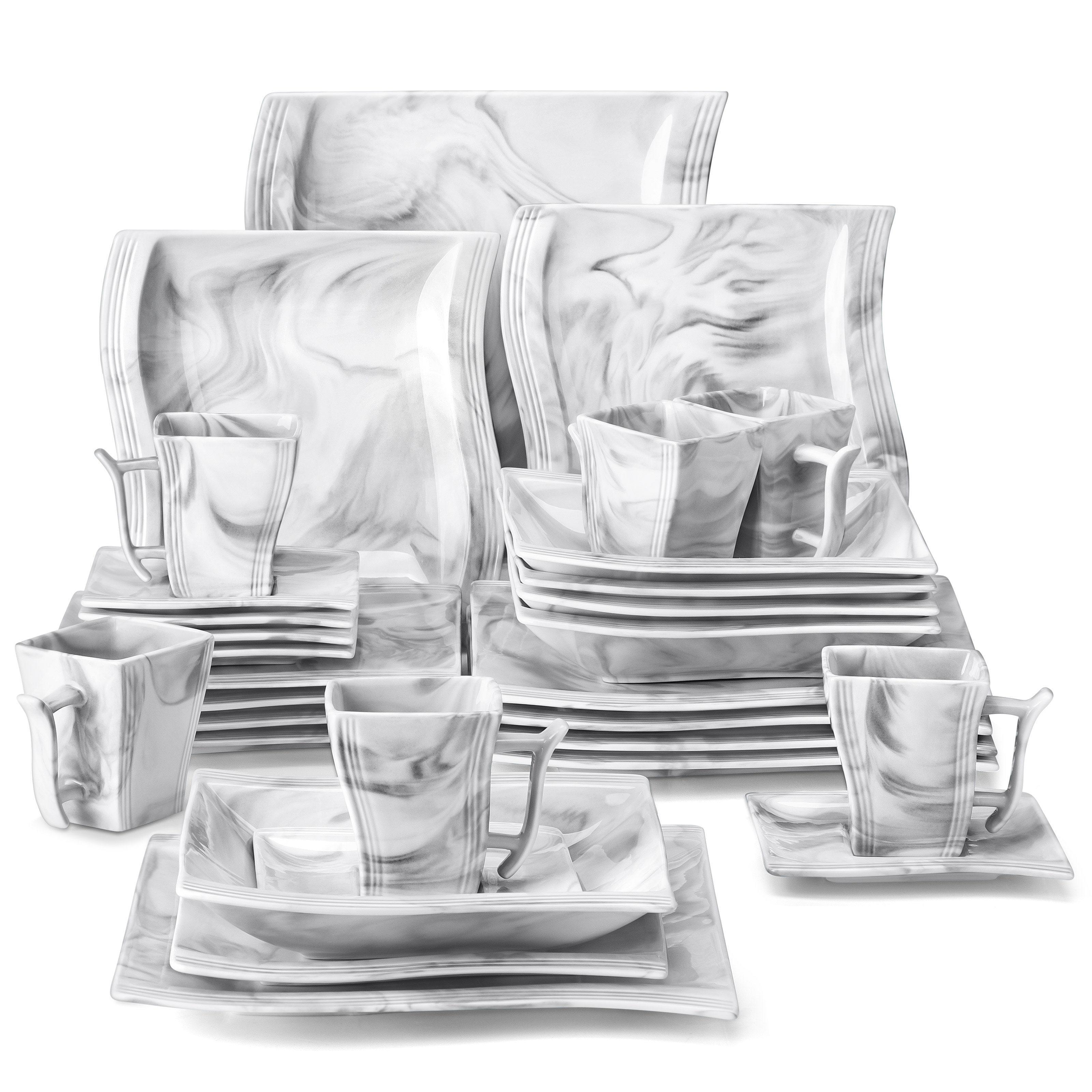 MALACASA 30-Piece Porcelain Dinnerware Set - Gray White Modern Dish Set for  6, Square Dishes Serving Plates Dishes Set, Plates and Bowls Sets, with