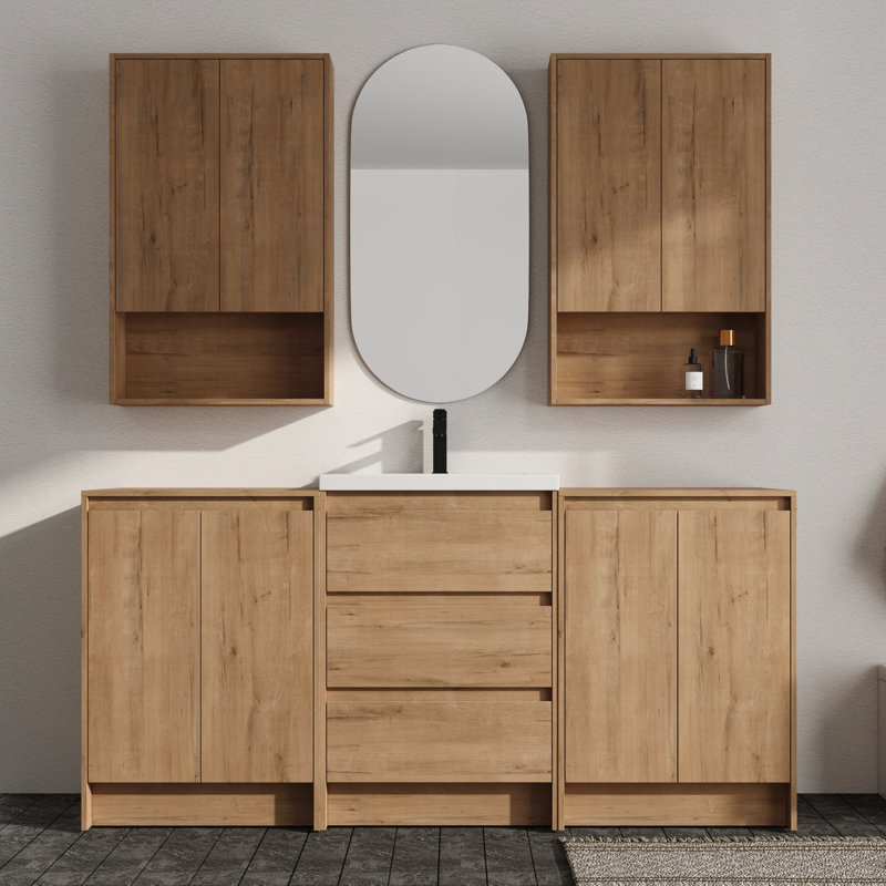 Meuble-lavabo double autoportant avec plateau de meuble-lavabo en résine et rangement mural pour salle de bain 24 po Vowar