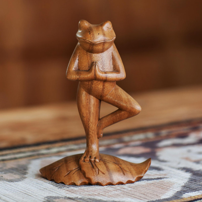 Nengah Sudarsana Tree Pose Yoga Frog Handcrafted Wood Sculpture