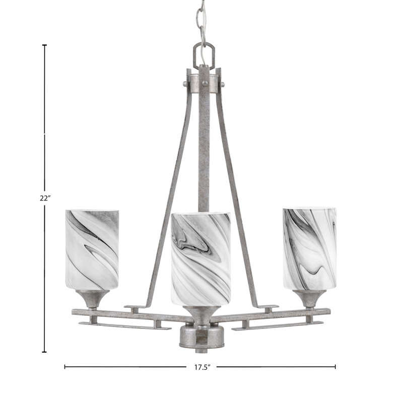Uptowne 3 Light Uplight Chandelier Shown In Aged Silver Finish With 4" Onyx Swirl Glass