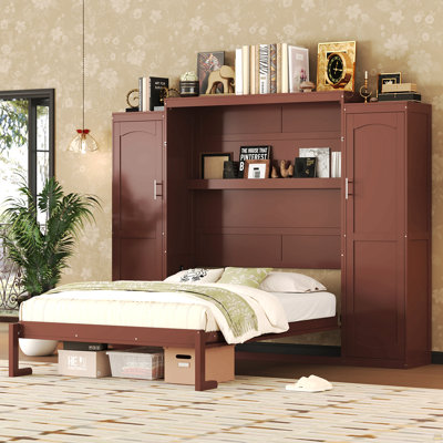 Lit escamotable double, lit escamotable double en bois avec 2 garde-robes et tablette de rangement, cadre de lit plateforme pliable