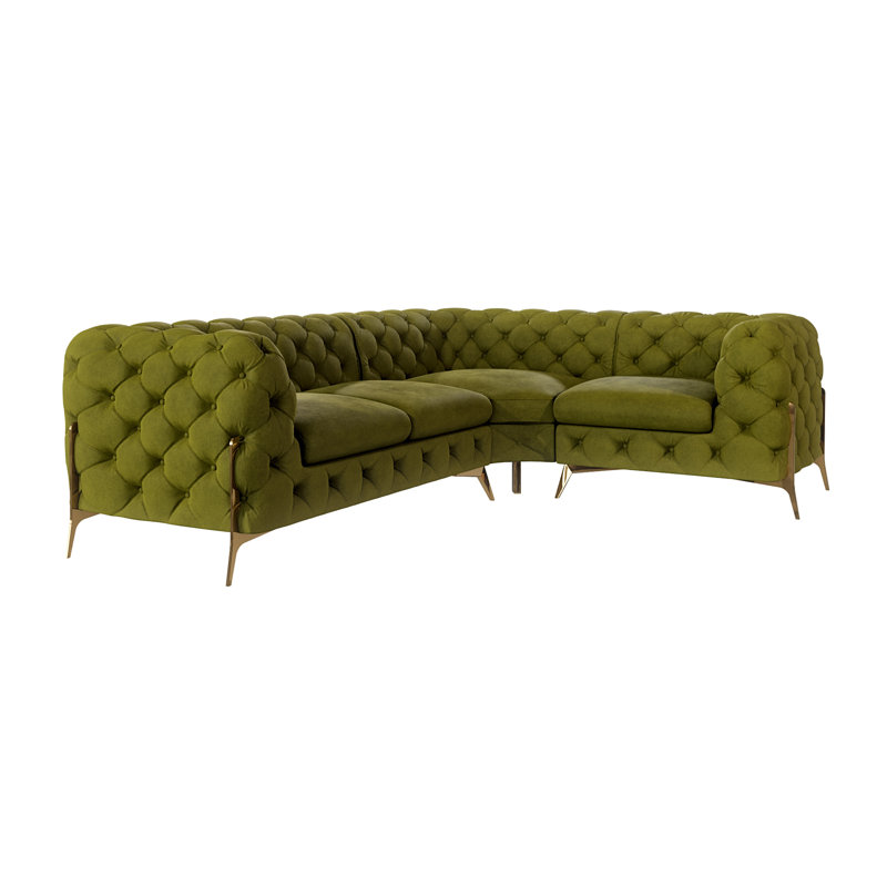 Chesterfield Corner Sofa L-Shape  with Gold Metal Legs, Olive, Left Hand Facing