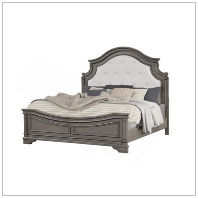 Grand lit de style traditionnel gris rustique avec revêtement rembourré et fabrication en bois franc durable