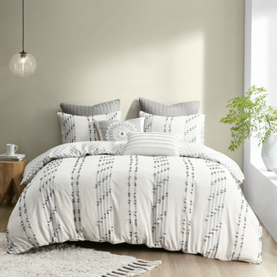 Ensemble de literie en coton double / grand avec rayures décoratives grises, revers, 2 taies décoratives, lavable à la machine, housse de couette 3 pièces sans substances nocives ni produits chimiques