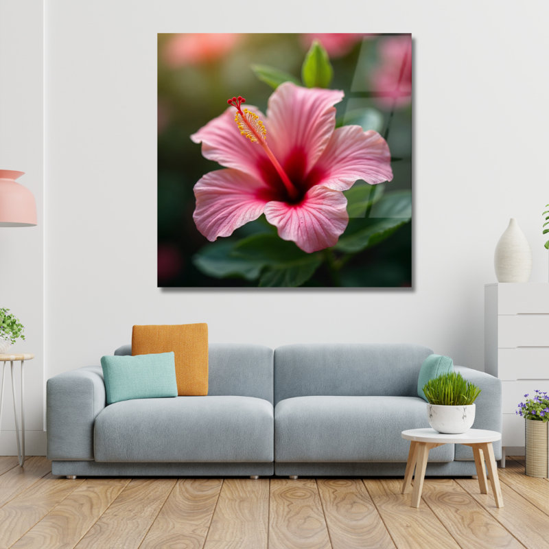 Art mural en verre trempé rose Hibiscus, H 30 po x l 30 po