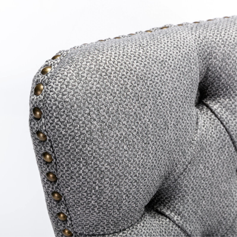 Velvet Upholstered Dining Chair with Wood Legs Nailhead Trim, Linen Gray, Oak