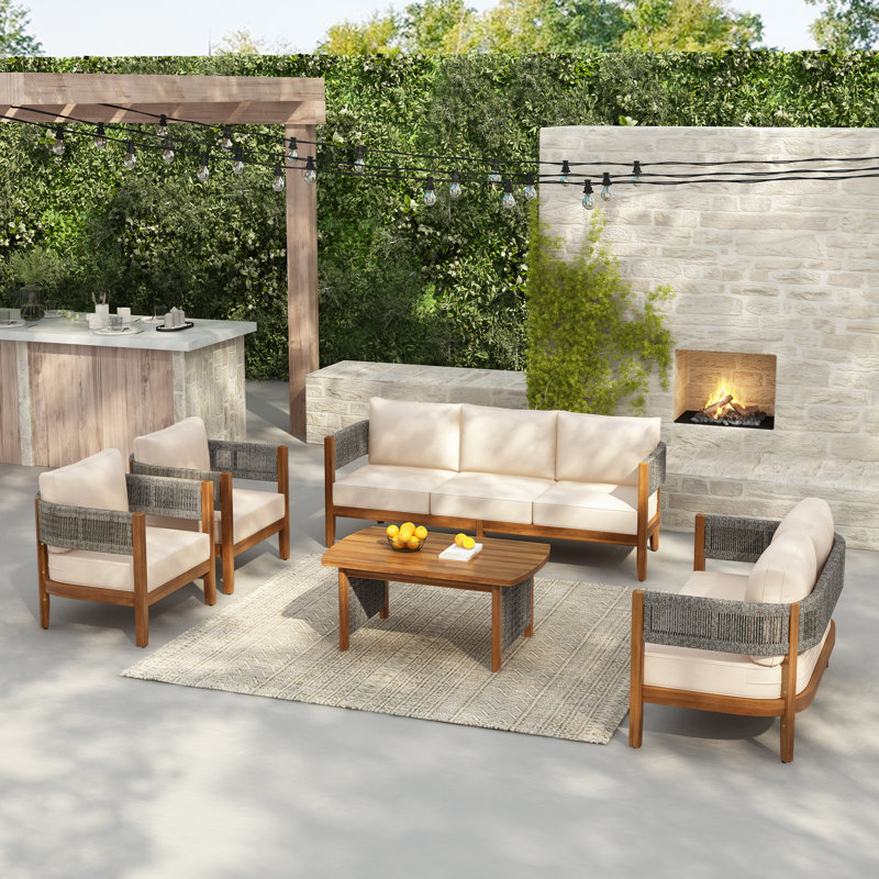 Ensemble de conversation d'extérieur en bois d'acacia 5 pièces avec corde et coussins Raniel