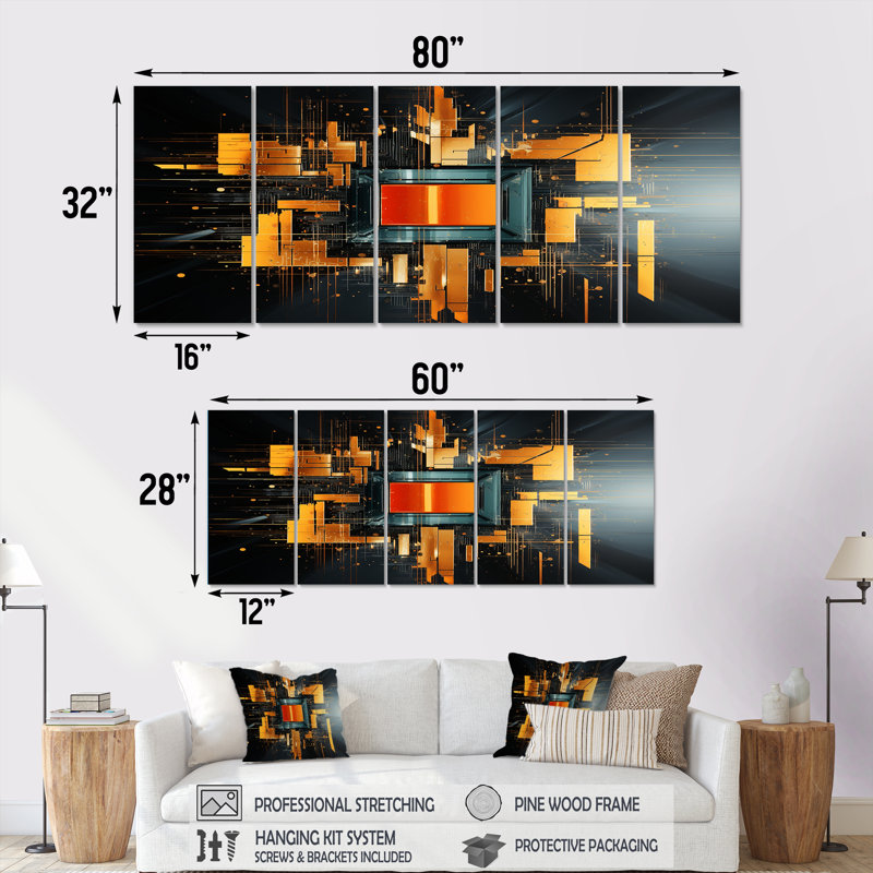 Portail galactique coucher de soleil horizon - ensemble d'art mural géométrique 5 pièces, H 32 po x l 80 po