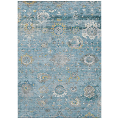 8' X 10' Teal Blue And Aqua Floral Washable Indoor Outdoor Area Rug