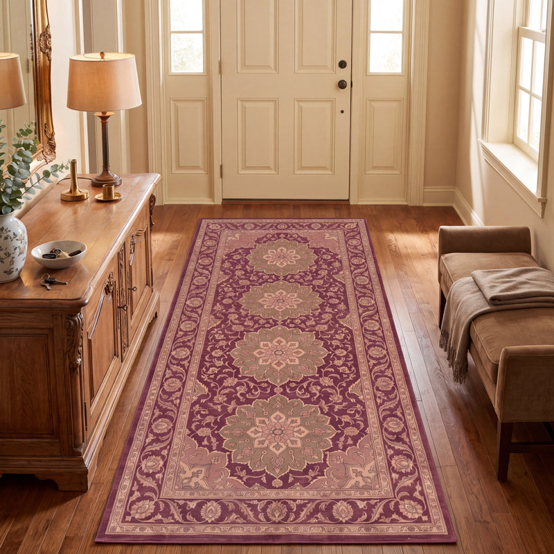 Tapis Darnley traditionnel à médaillon, style persan, bordeaux, cuivre, vert, crème, rose, lavable à la machine, antidérapant, à poils courts, pour l'intérieur et l'extérieur, adapté aux animaux domestiques, idéal pour le salon, la chambre, la salle à manger, l'entrée, le couloir ou le bureau.