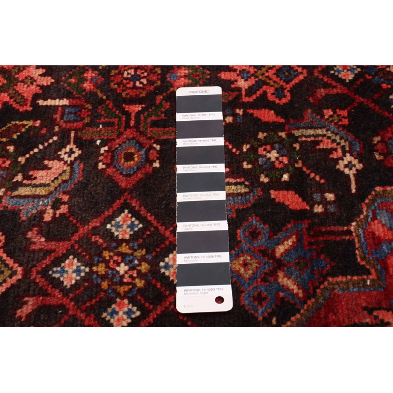 Tapis de couloir unique en laine noué à la main de style années 2000 de 3 pi 5 po x 9 pi 5 po en rouge / bleu marine / beige Ameyali