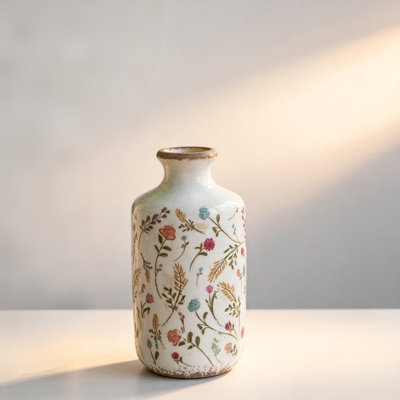 Vintage Crackle Ceramic Floral Cylinder Accent Vase, Distressed Rim Farmhouse Decor