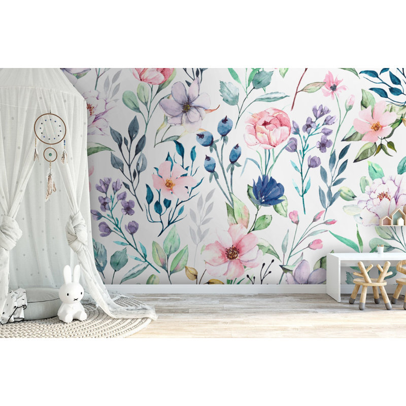 Papier peint amovible aquarelle avec herbes et fleurs, L 35,04 po x l 55 po