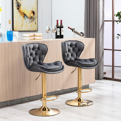 Two Grey Bar Stools, Footrest & Base, Swivel And Height Adjustable With Mechanical Lifting, Velvet + Golden Leg Feature 2 Velvet, Through Simple Design