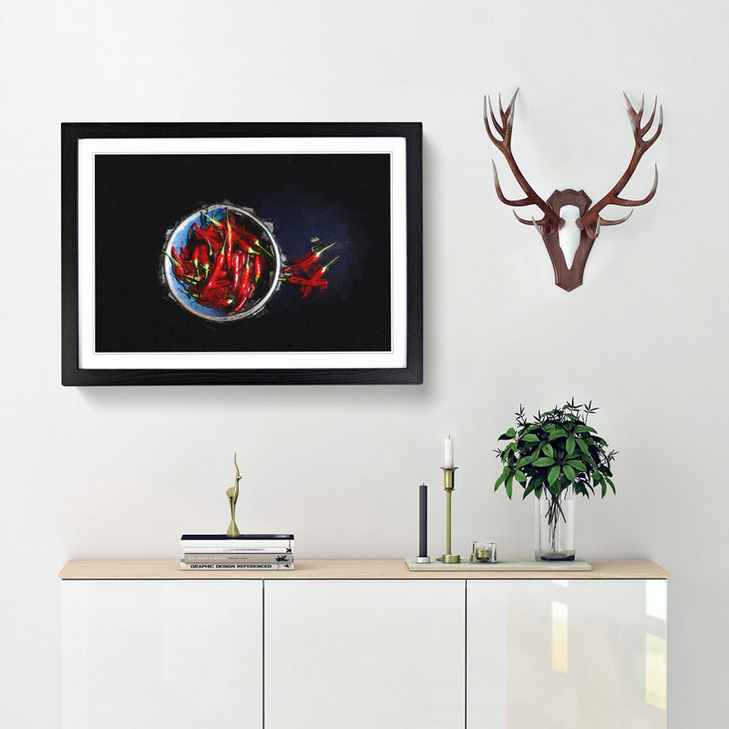 Red Chilli's in a Bowl in Abstract - Picture Frame Graphic Art Print, 27cm H x 36cm W x 2cm D, Black Framed