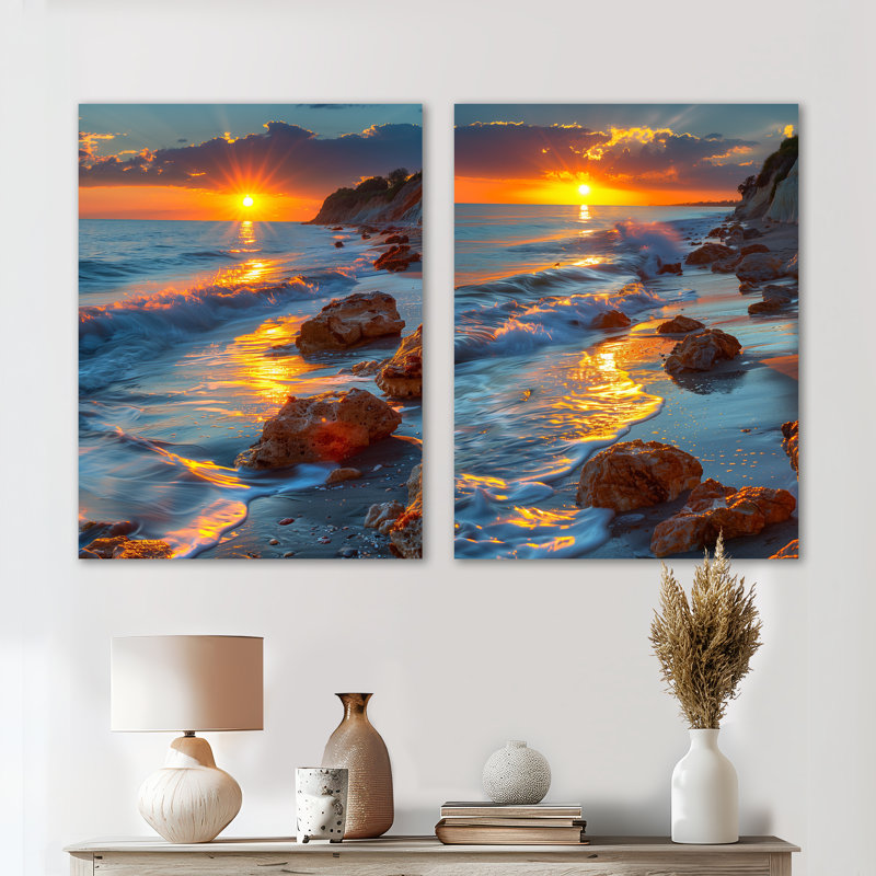 Photo panoramique de la plage rocheuse au lever du soleil III - Bord de mer, reproduction murale 2 pièces, 32" H x 48" W
