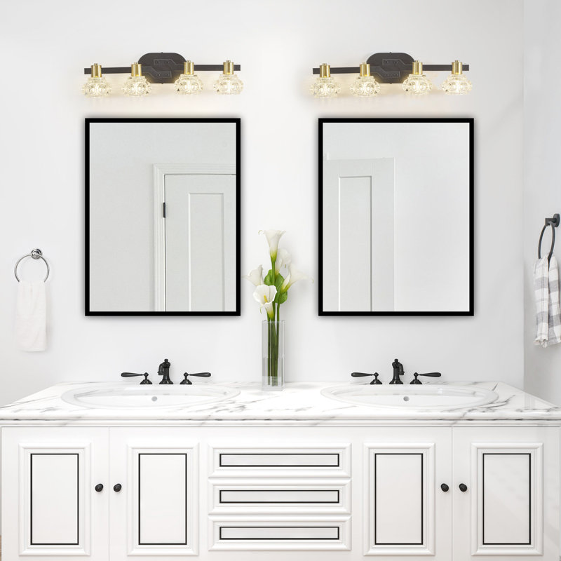 4 - Applique murale en cristal, fer noir, éclairage rétro pour la salle de bain et le couloir, écoénergétique, facile à installer, 4 lumières de style rétro, abat-jour en cristal, mat + doré, comptoir de meuble-lavabo, économie, installation