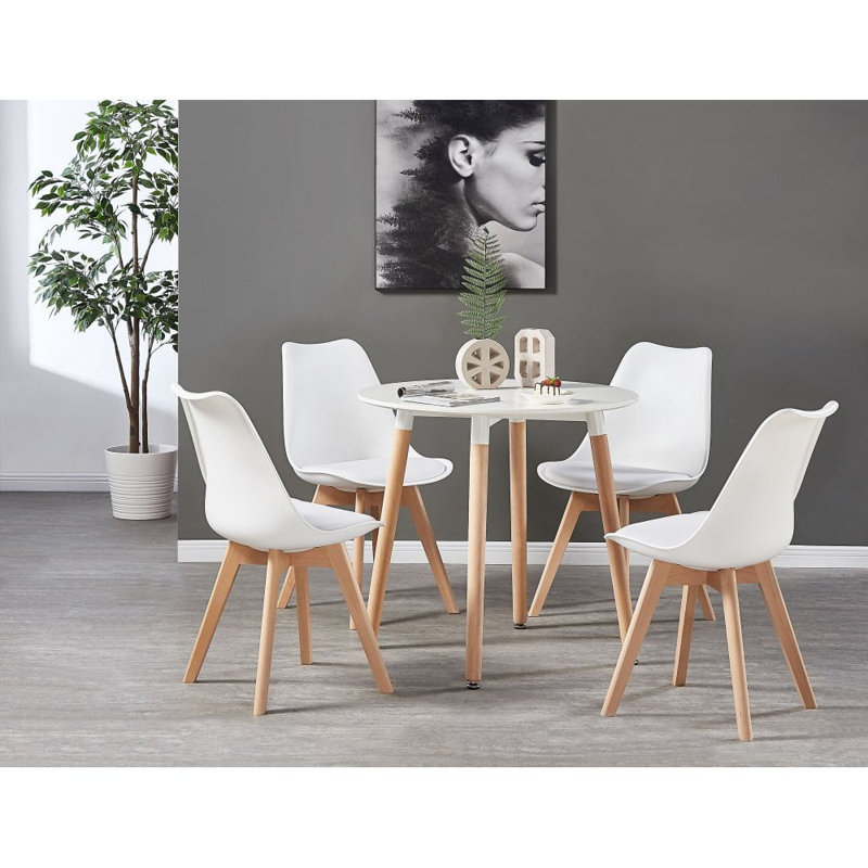 Christy 4 Person Dining set - a Round Plastic Dining Table with Wooden Legs and a Set of 4 Faux Leather Cushion Padded Dining Chairs for Dining Room - Modern Dining Table Set