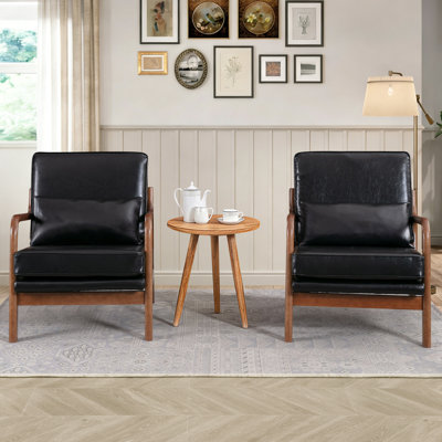 Mid Century Modern Accent Chair Set of 2, Wooden Arm Chair w/Solid Wood Frame, Removable Seat Cushion & Pillow, Vintage Comfy Reading Chair for Living Room, Bedroom, Study