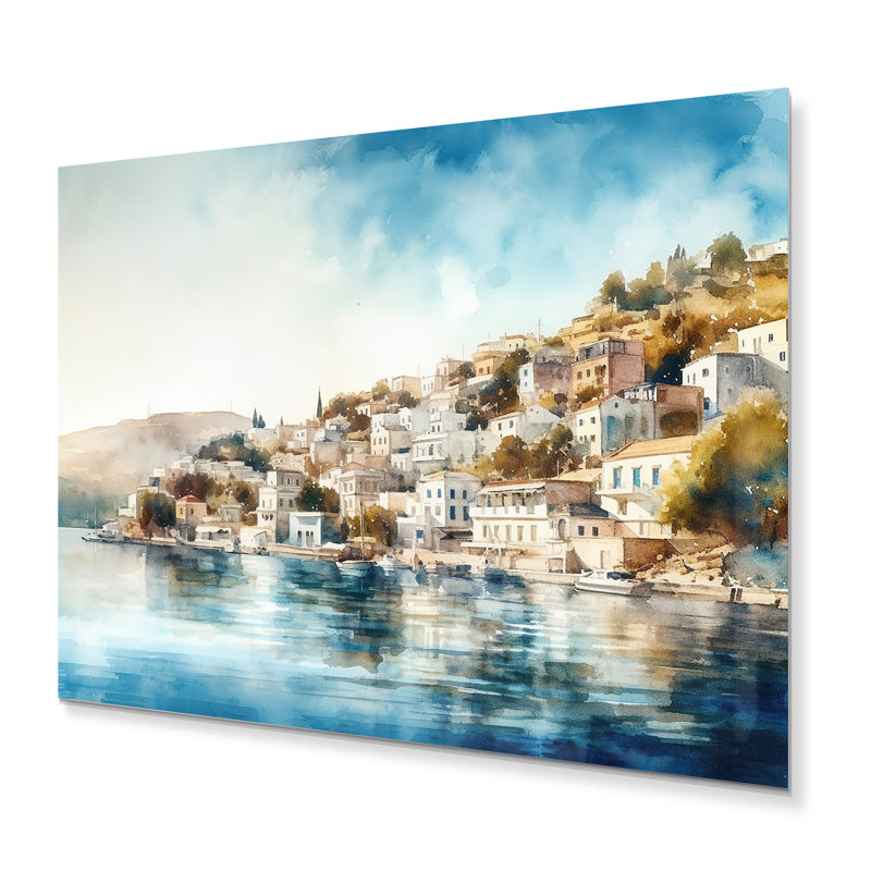 Charme bleu bord de mer méditerranéen sur impression métallique, H 34 po x l 44 po