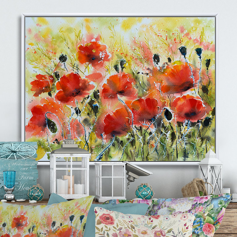 «Color Red Poppy Flowers», peinture sur toile encadrée, H 8 po x l 12 po x P 1,5 po, Cadre flottant blanc