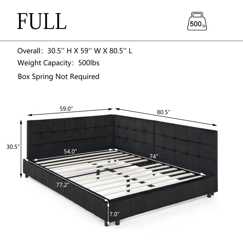 Reversible L-Shape Upholstered Platform Bed With Velvet Fabric Design, Black, Full