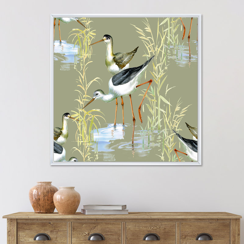 Herons, oiseaux dans l'eau - peinture sur toile, H 36 po x l 36 po x P 1,5 po, Cadre blanc