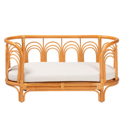 Bohemian Pet Bed Crafted From Natural , Openwork Frame Embellished By Ornament, Removable Fabric - Upholstered Foam Cushions, Lightweight And Fully Constructed, Honey Tinted, 15.66 In Depth, 35.3