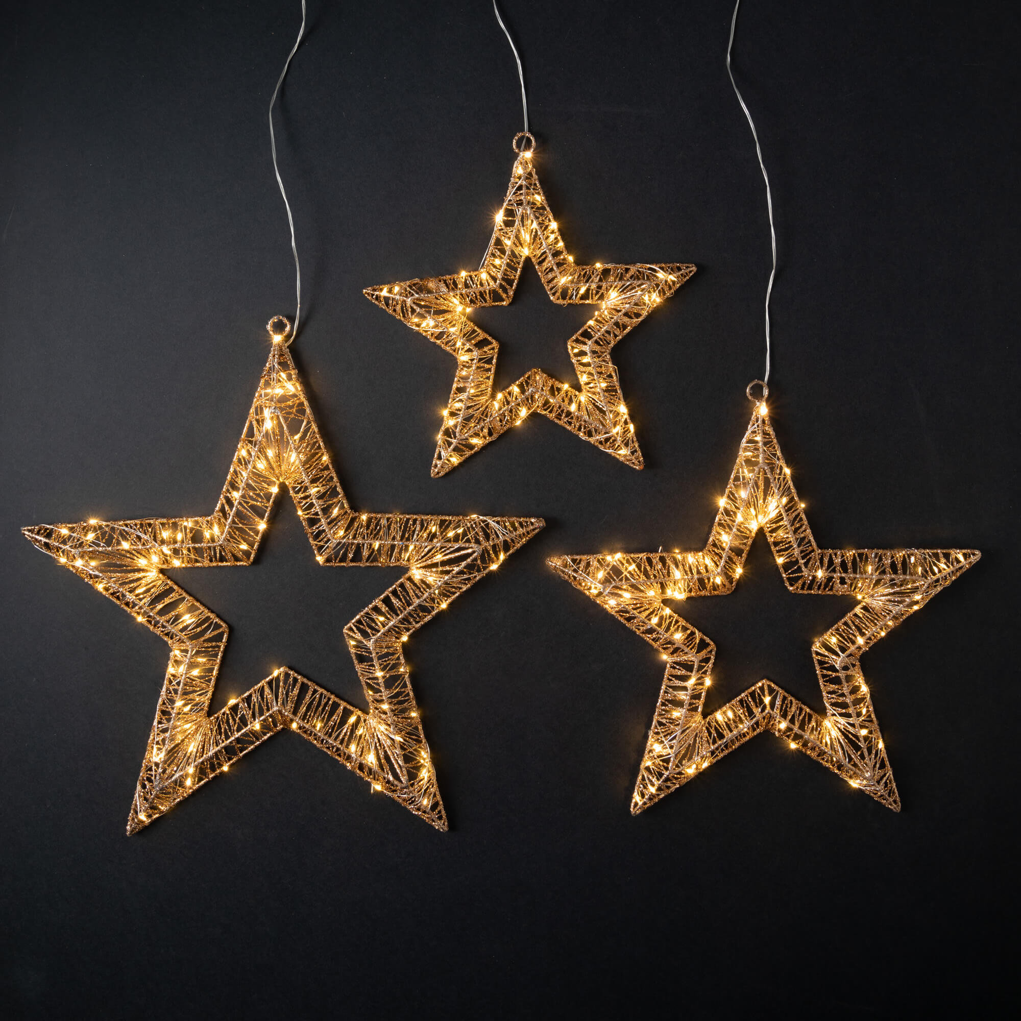 13.75", 17.75" & 21.5" Christmas Silver Lighted Star Trio Set of 3, Gold
