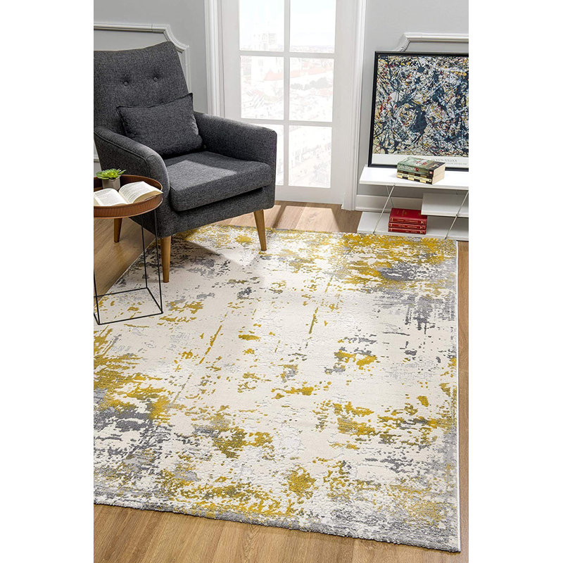 13' Gray And Gold Abstract Shag Runner Rug, Rectangle 8' x 11'